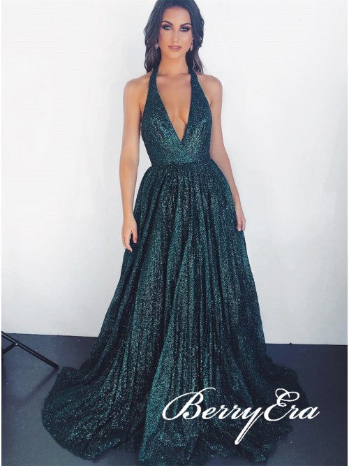 V-neck Long A-line Green Sequin Prom Dresses, Sparkle Prom Dresses, Popular Prom Dresses