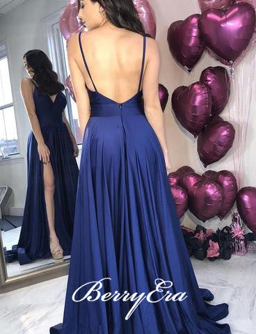 Spaghetti Navy Prom Dresses, Side Slit Prom Dresses, Elastic Satin Prom Dresses