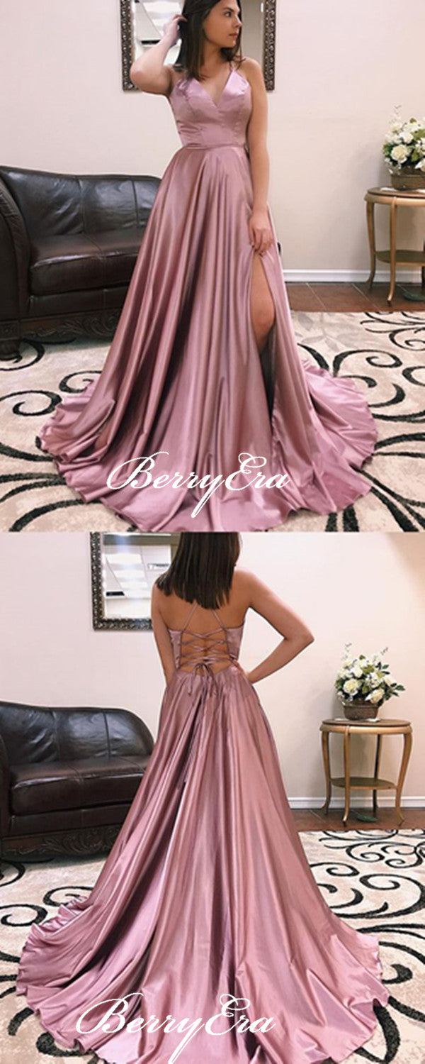 Slit A-line Long Evening Party Prom Dresses, Cheap Popular Prom Dresses