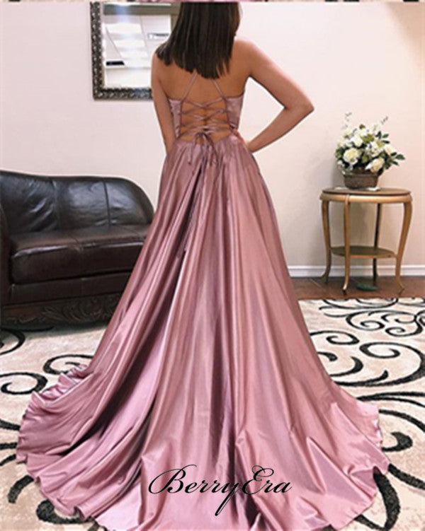 Slit A-line Long Evening Party Prom Dresses, Cheap Popular Prom Dresses