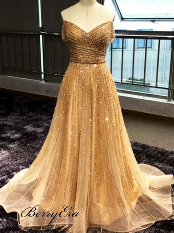 Off The Shoulder Beaded Chiffon Long Prom Dresses, A-line Prom Dresses