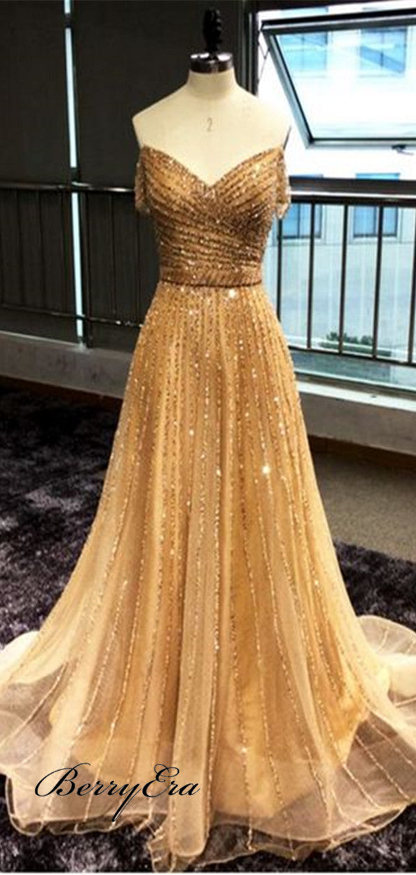 Off The Shoulder Beaded Chiffon Long Prom Dresses, A-line Prom Dresses