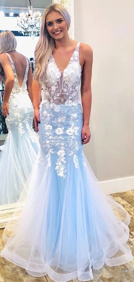 V-neck Long Mermaid Lace Tulle Prom Dresses, Appliques Prom Dresses, Light Blue Prom Dresses