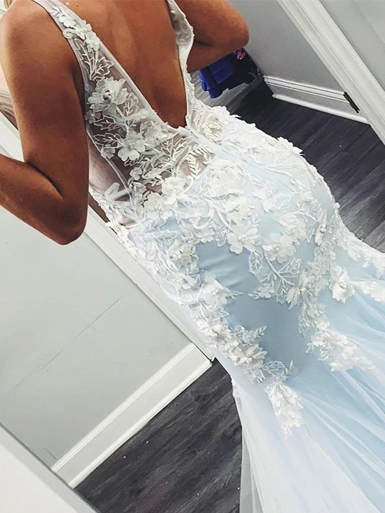 V-neck Long Mermaid Lace Tulle Prom Dresses, Appliques Prom Dresses, Light Blue Prom Dresses