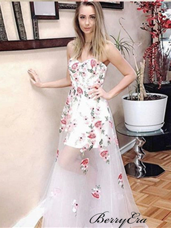 Strapless Flower Organza Prom Dresses, Fancy Long Prom Dresses