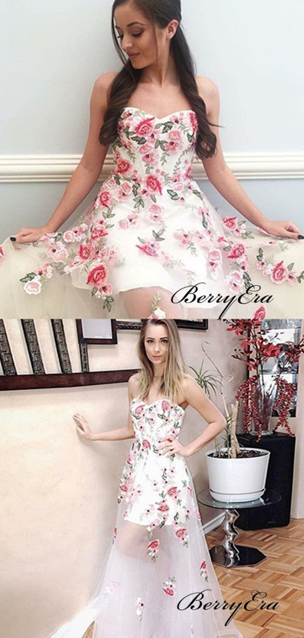 Strapless Flower Organza Prom Dresses, Fancy Long Prom Dresses