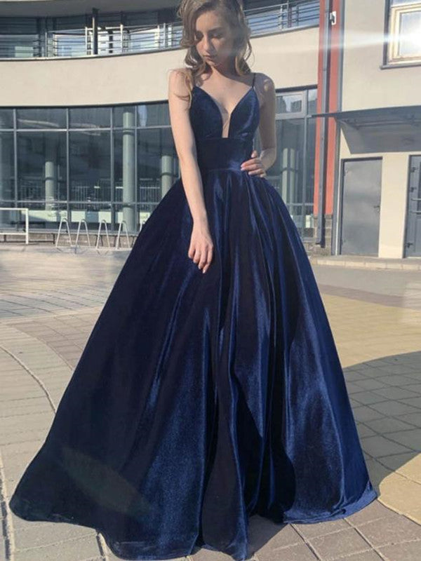 A-line Spaghetti Straps Long Prom Dresses, Velvet 2020 Long Prom Dresses