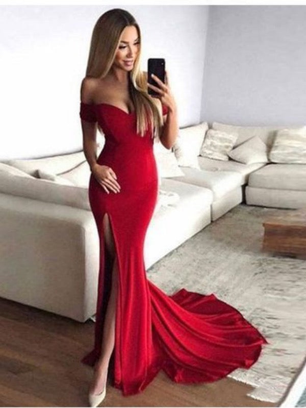 Off Shoulder Simple Long Prom Dresses, Mermaid Prom Dresses, Affordable Prom Dresses