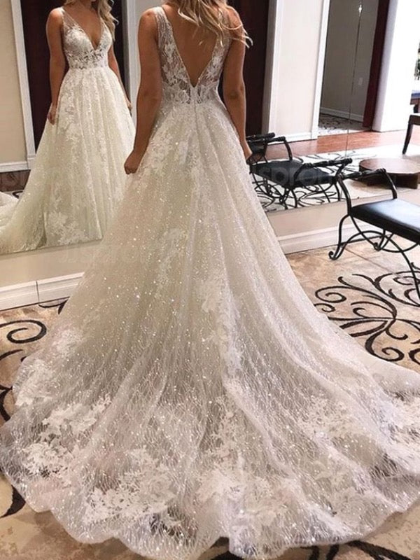 Elegant A-line Lace Wedding Dresses, V-neck Popular Wedding Dresses, Bridal Gowns