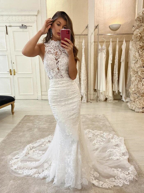 Popular Mermaid Lace Long Wedding Dresses, Fancy Lace Newest Wedding Dresses