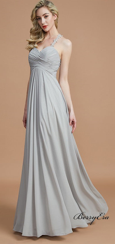 Lace Straps A-line Grey Chiffon Long Bridesmaid Dresses