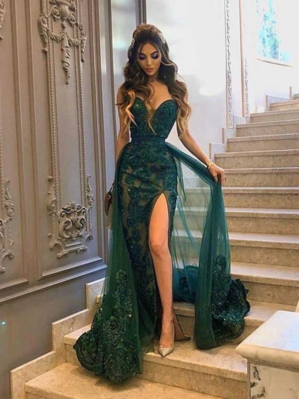 Sweetheart Mermaid Long Prom Dresses, High Side Sexy 2020 Prom Dresses
