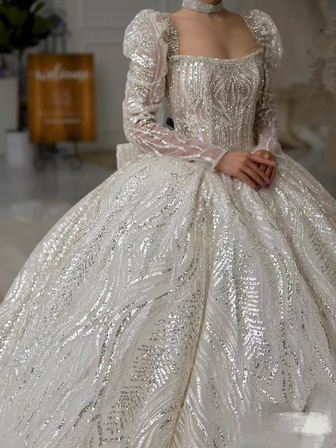 Long Sleeves Glitter Wedding Dresses, Luxury Shiny Quality Ball Bridal Gowns