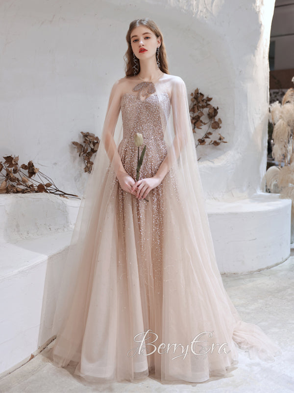 V-neck Nude Champagne Beaded Tulle Prom Dresses, Princess Dresses With Cape, Newest Prom Dresses, 2023 Prom Dresses