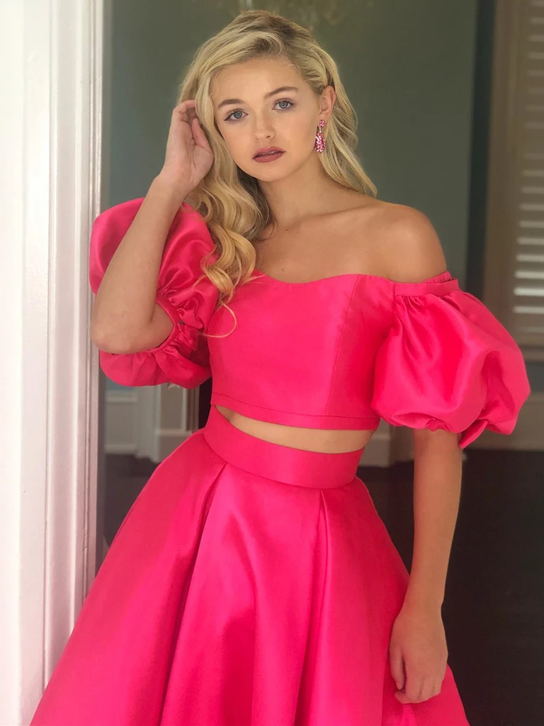 Two Pieces Newest 2021 Long Prom Dresses, A-line Stain Long Prom Dresses