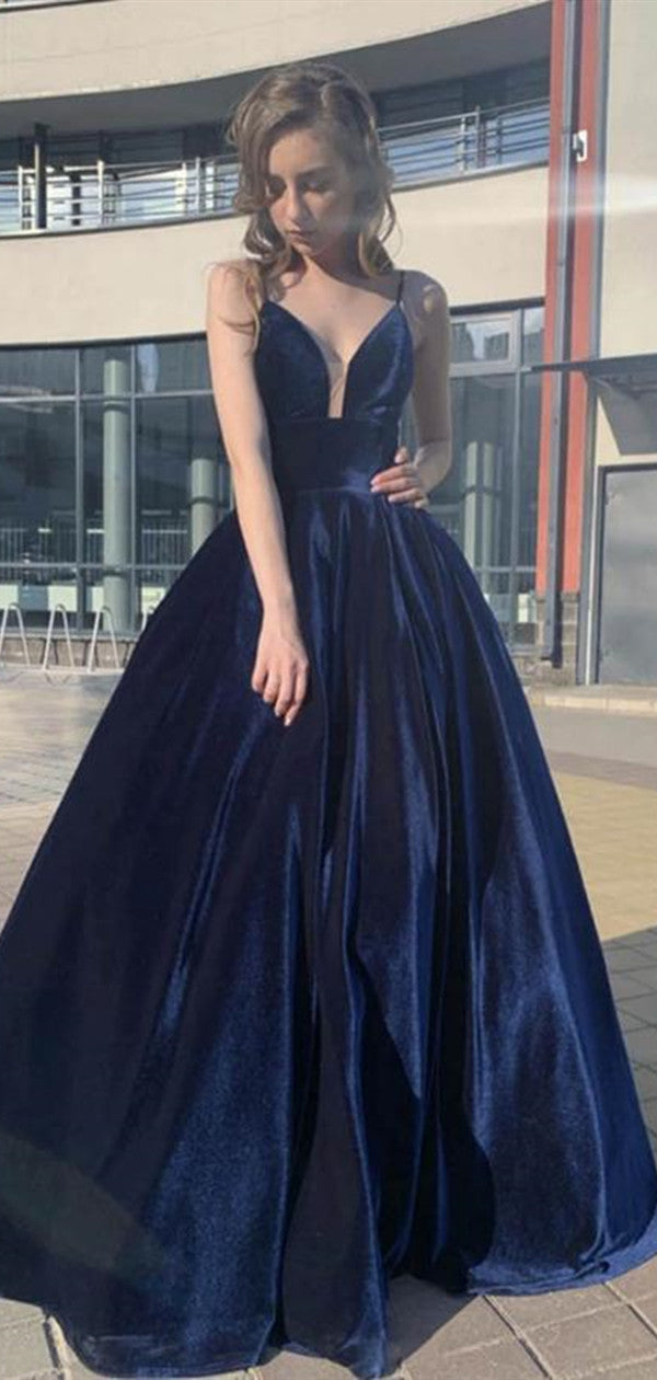 A-line Spaghetti Straps Long Prom Dresses, Velvet 2020 Long Prom Dresses