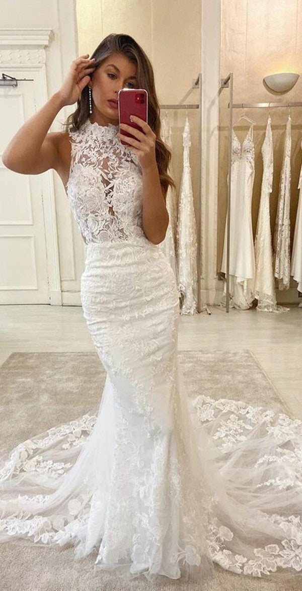 Popular Mermaid Lace Long Wedding Dresses, Fancy Lace Newest Wedding Dresses