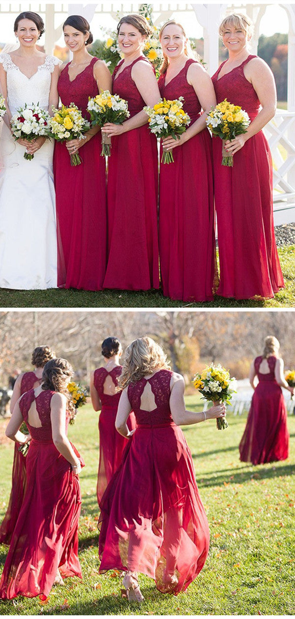 Lace A-line Popular Brideamaid Dresses, Burgundy Color Chiffon Bridesmaid Dresses