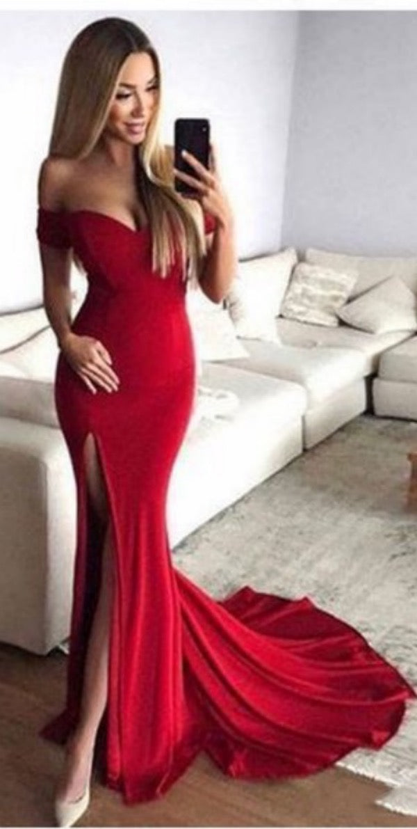 Off Shoulder Simple Long Prom Dresses, Mermaid Prom Dresses, Affordable Prom Dresses