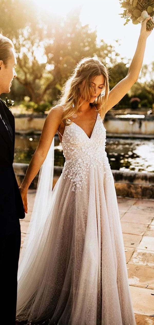 Spaghetti Straps Simple Lace Wedding Dresses, V-neck Wedding Dresses