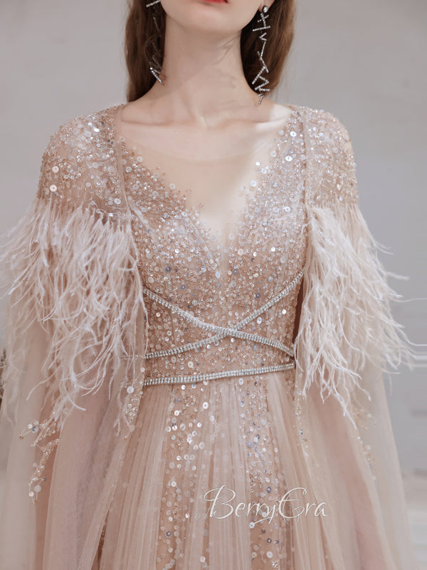 Gorgeous Beaded Tulle A-line Prom Dresses With Cape, Luxury Prom Dresses, 2023 Prom Dresses, Newest Prom Dresses