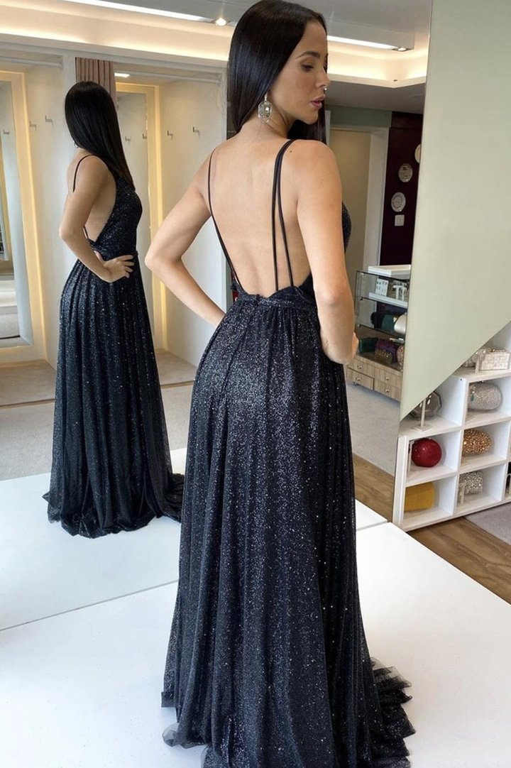 Sexy V-neck Shiny Black Sequin Prom Dresses, A-line Prom Dresses, 2022 Prom Dresses, Affordable Prom Dresses, RC027