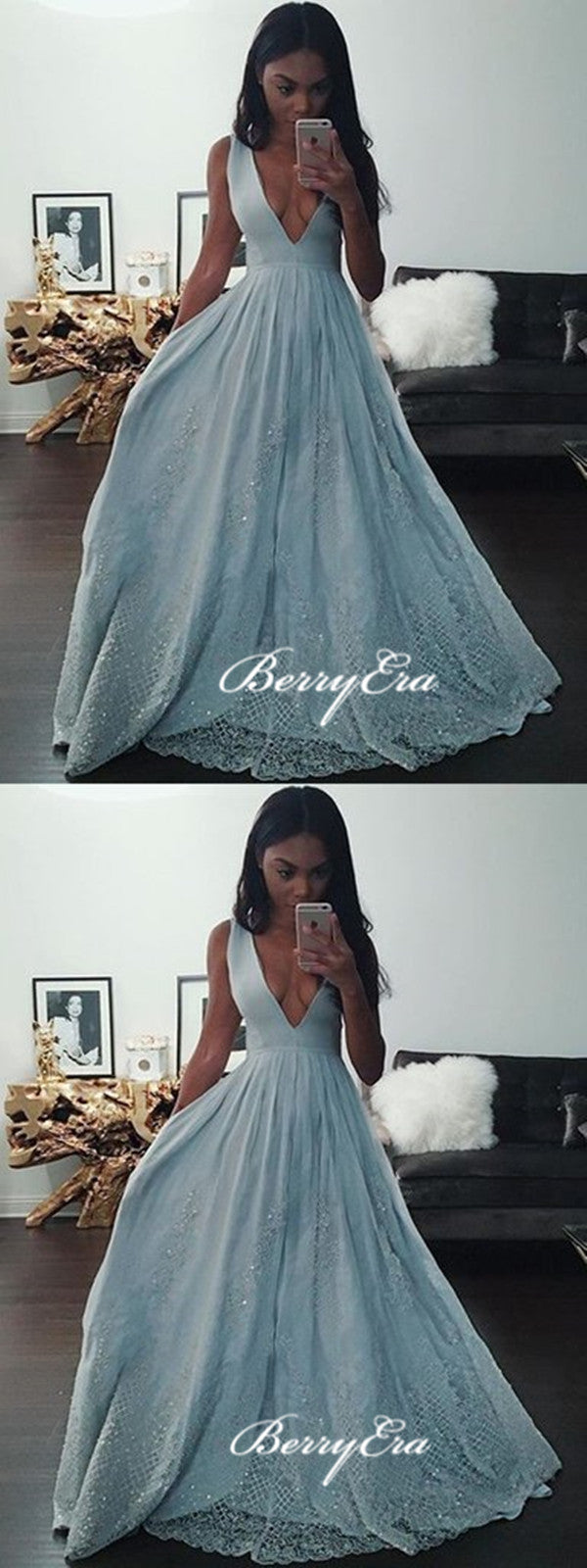 Deep V-neck A-line Prom Dresses, Sequins Prom Dresses, Newest Prom Dresses