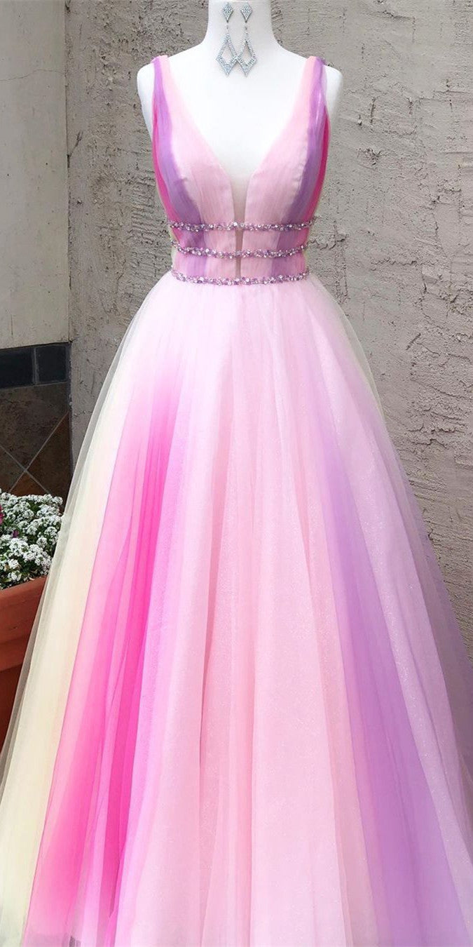 V-neck Shemmering Prom Dresses, Unique Colorful Prom Dresses, Long Prom Dresses, 2021 Prom Dresses