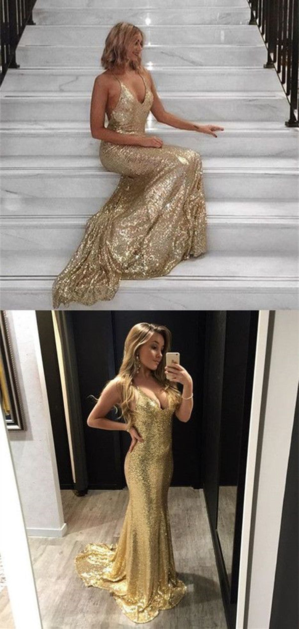 Bling Bling Mermaid Sequin Long Golden Prom Dresses