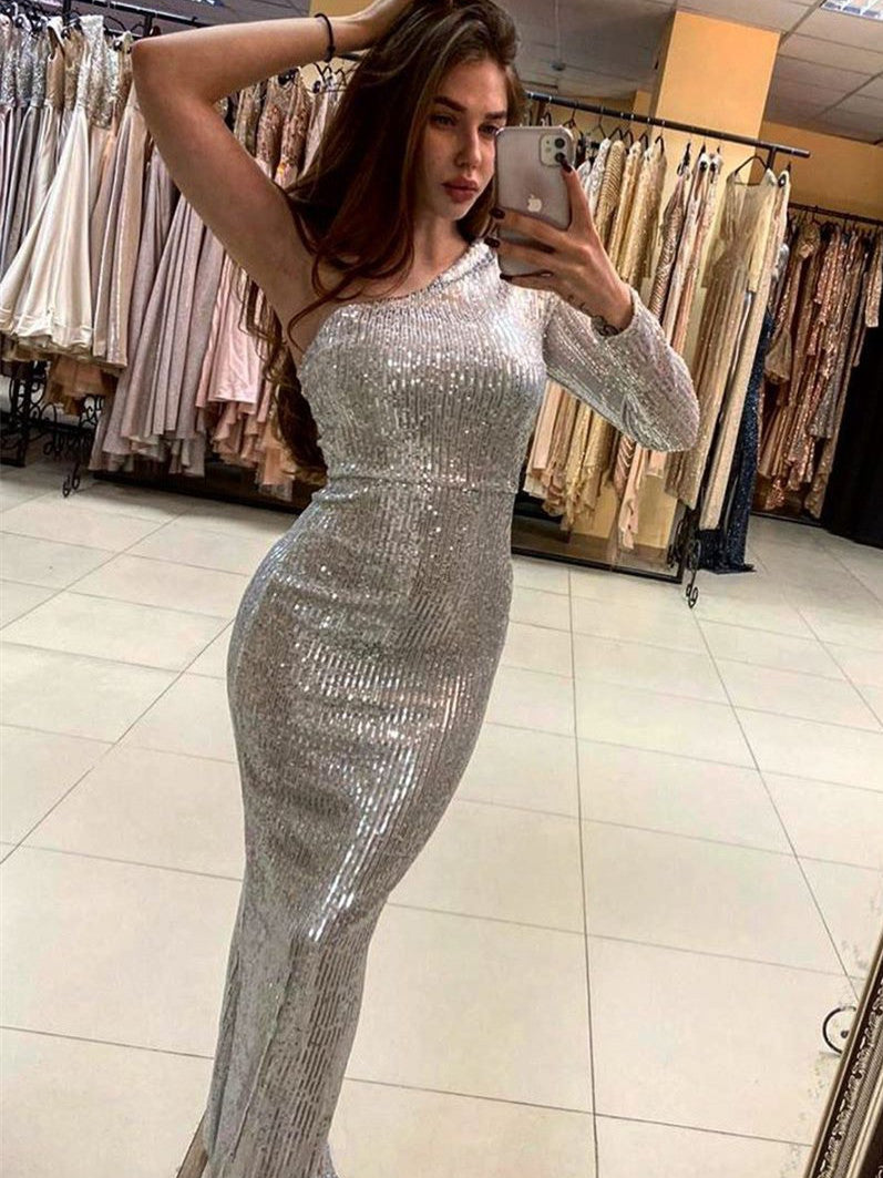 One Shoulder Silver Sequin Long Mermaid Prom Dresses, Sexy Prom Dresses, 2021 Prom Dresses