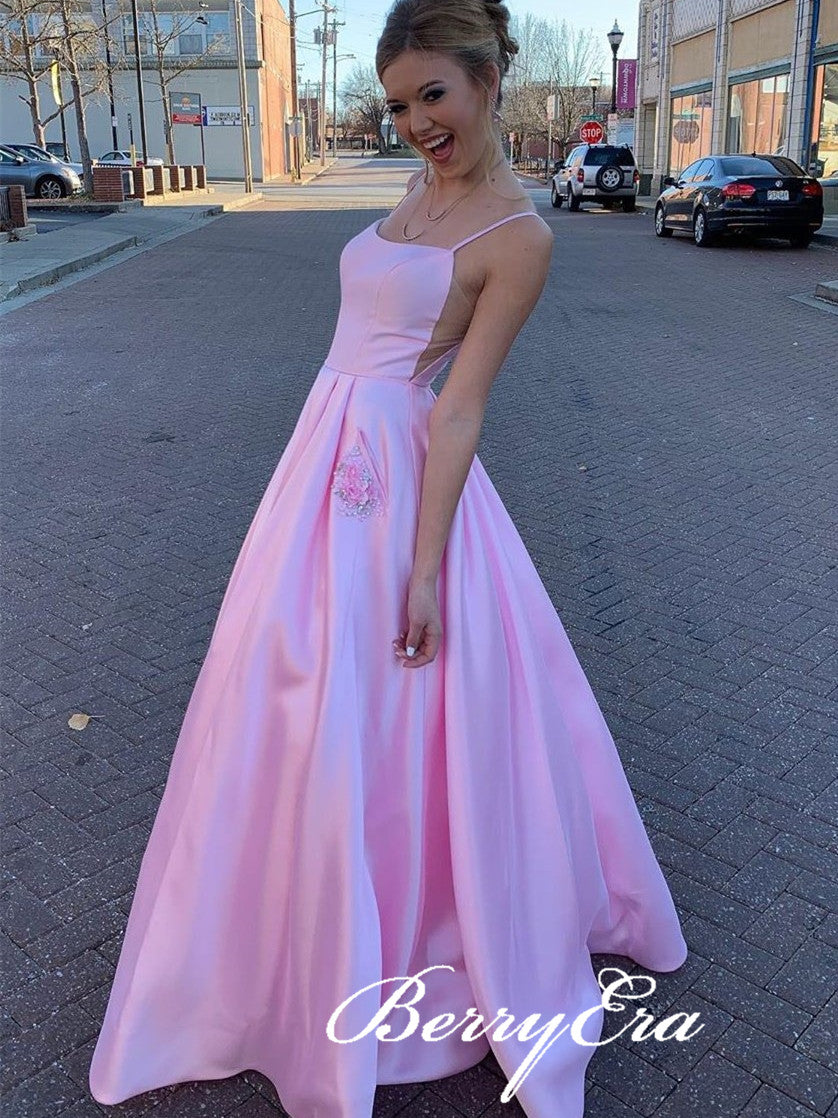 Pink Long A-line Prom Dresses, Satin Prom Dresses, Cute Prom Dresses With Pockets, Long Prom Dresses