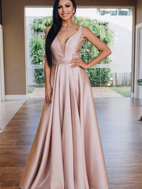 Straps Long A-line Simple Satin Prom Dresses, Beaded Waist Prom Dresses, 2021 Prom Dresses