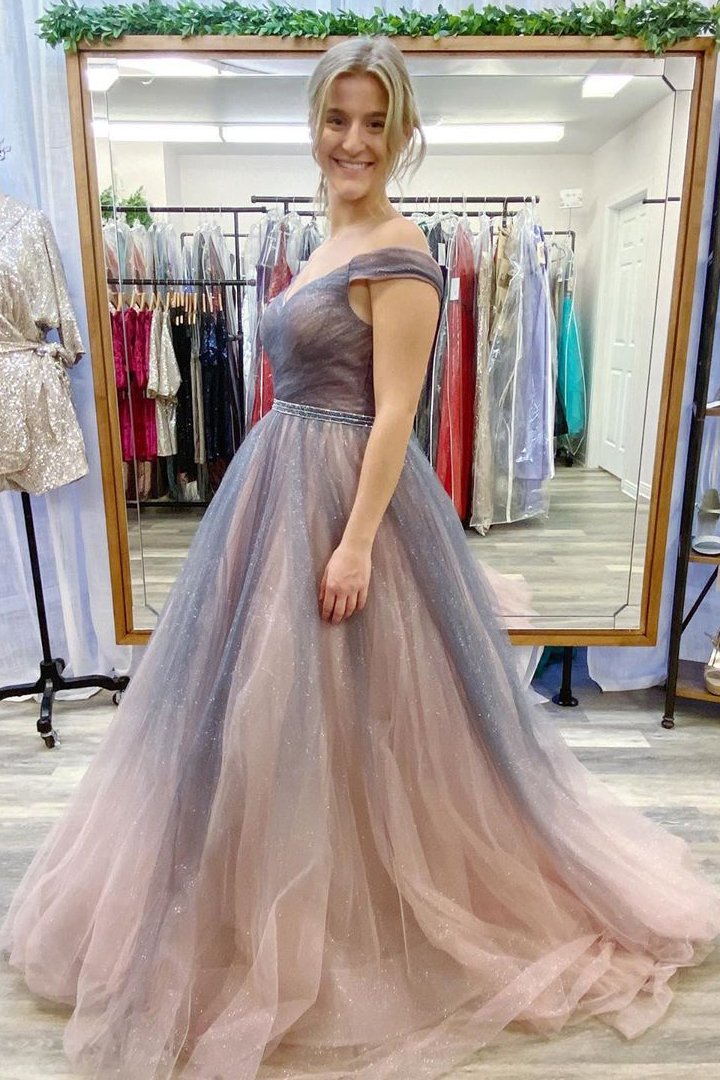 Off Shoulder Long A-line Prom Dresses, Shiny Prom Dresses, Popular 2021 Prom Dresses