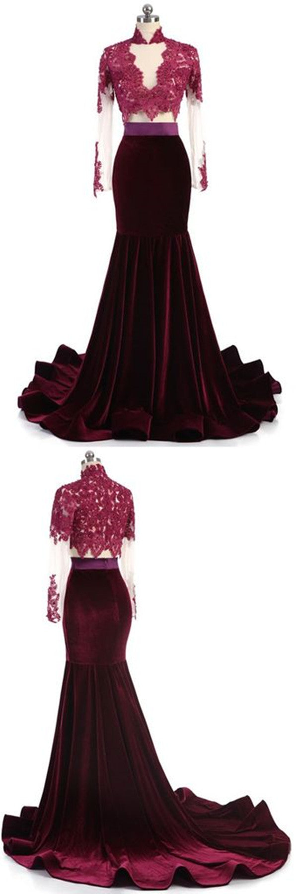 Mermaid Velvet Long Sleeves Lace Prom Dress, Burgundy Evening Dress