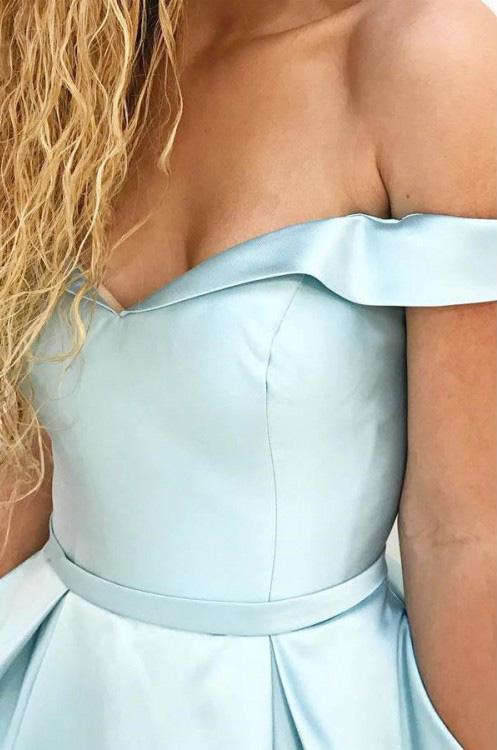 Off Shoulder Long A-line Pale Blue Satin Prom Dresses