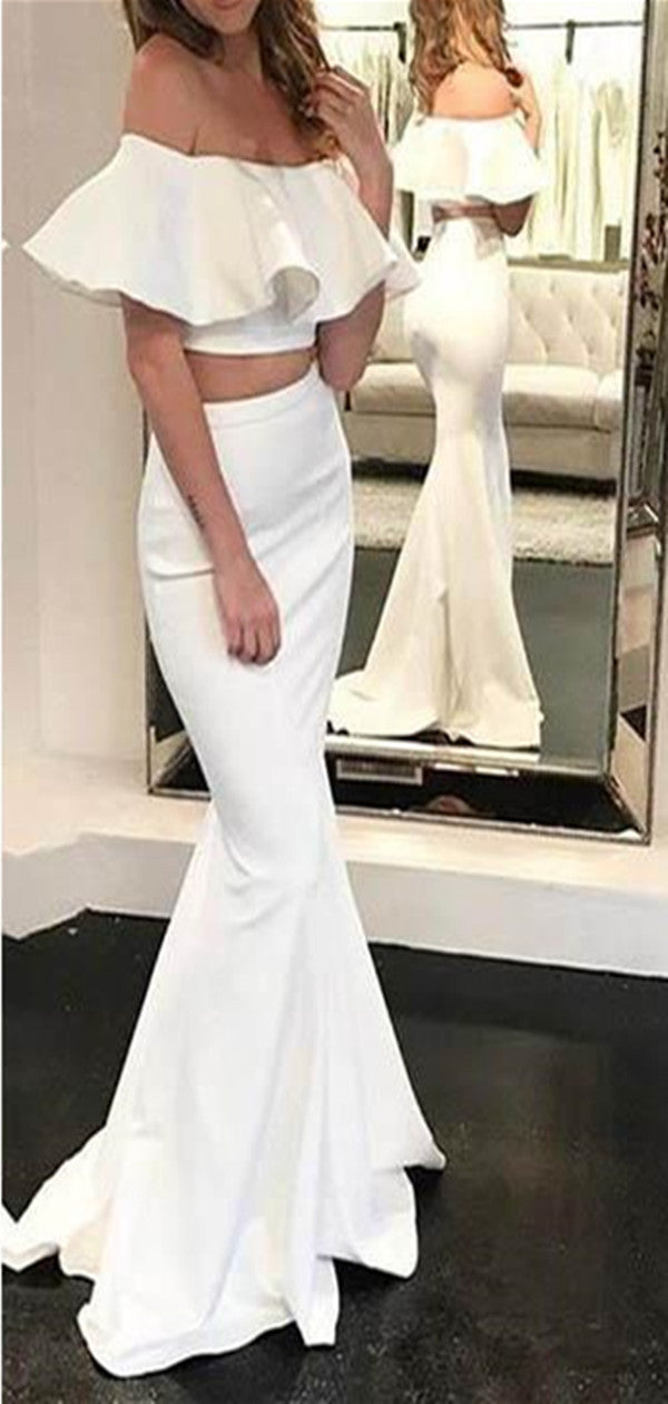 Elegant Two Pieces Mermaid Long Prom Dresses,White Simple Dresses