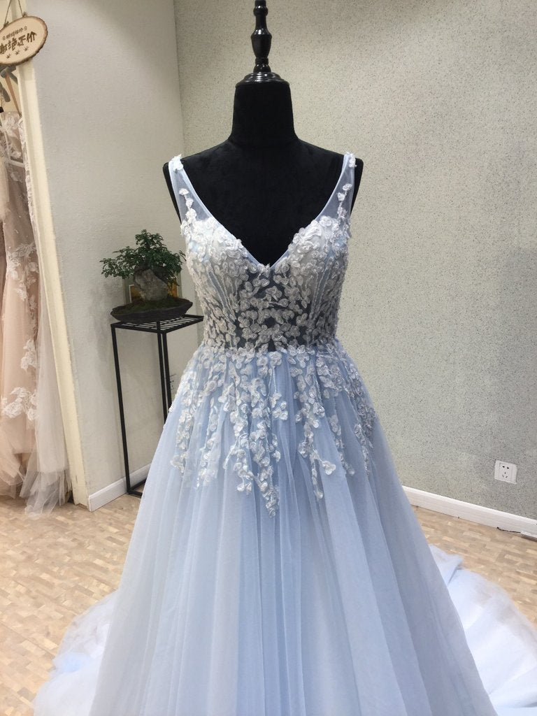 Elegant Light Blue Tulle Prom Dresses, Applique A Line Prom Dresses Long