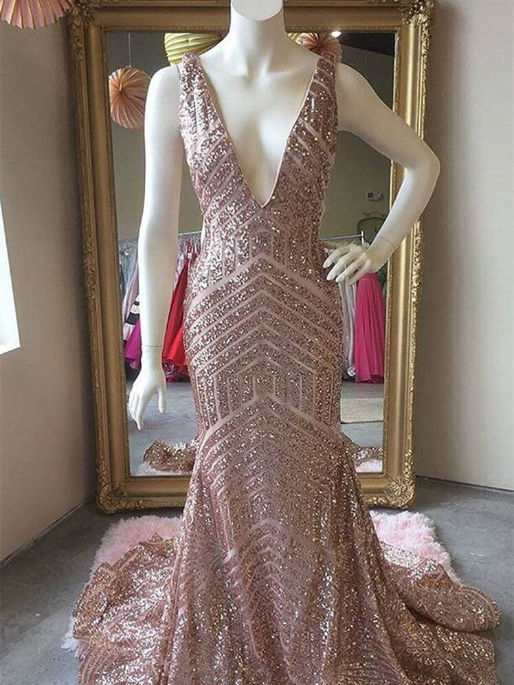 V-neck Rose Gold Sequin Prom Dresses, Mermaid Prom Dresses, Long Prom Dresses, 2021 Prom Dresses, Cheap Prom Dresses