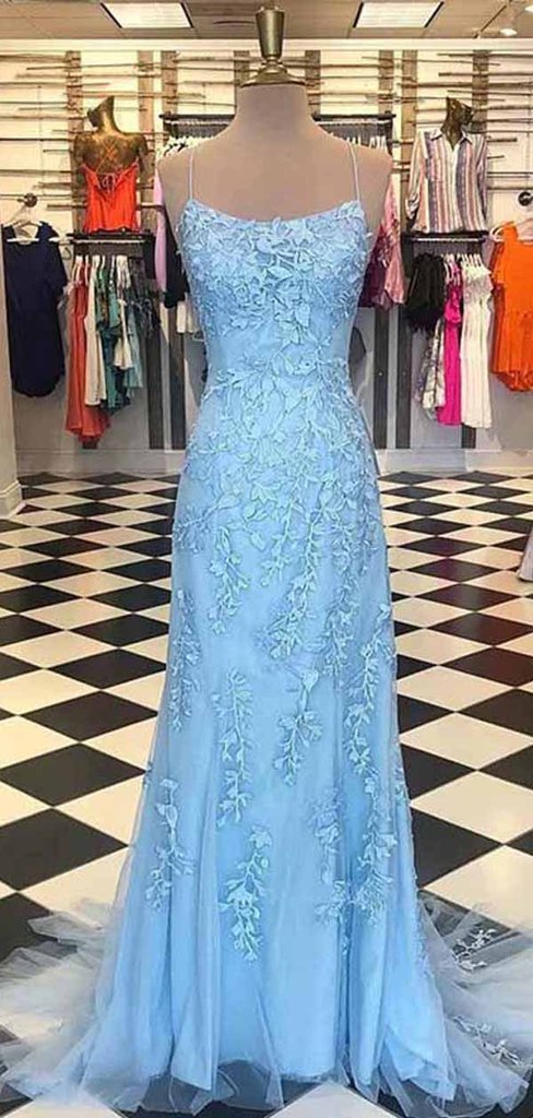 Spaghetti Long Sheath Light Blue Lace Prom Dresses