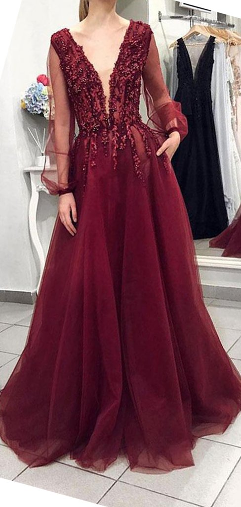 V-neck Long Sleeves Beaded Maroon Prom Evening Dresses