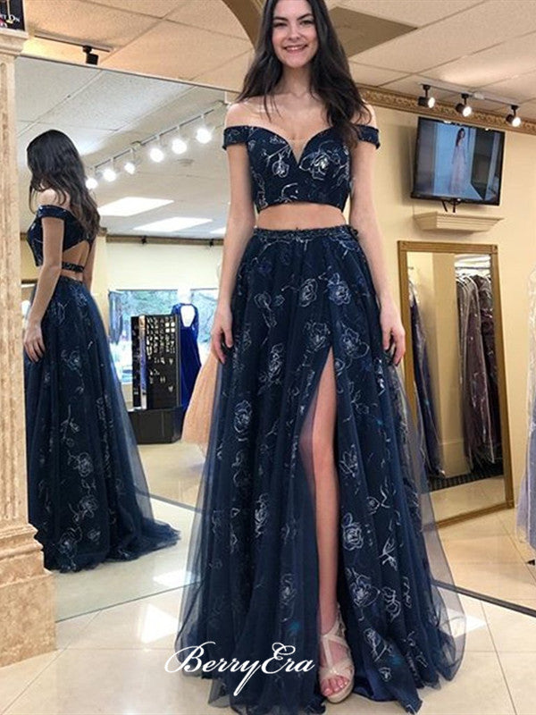 Off Shoulder Two Pieces Prom Dresses, A-line Prom Dresses Long