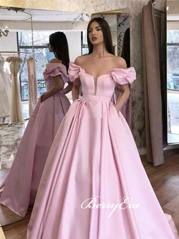 Off Shoulder Bubble Sleeve Long A-line Pink Satin Prom Dresses, New Arrival Prom Dresses, Long Prom Dresses