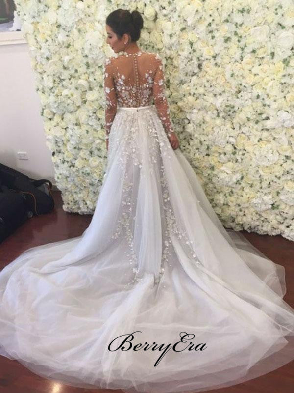 Long Sleeves Lace Wedding Dresses, Applique A-line Wedding Dresses