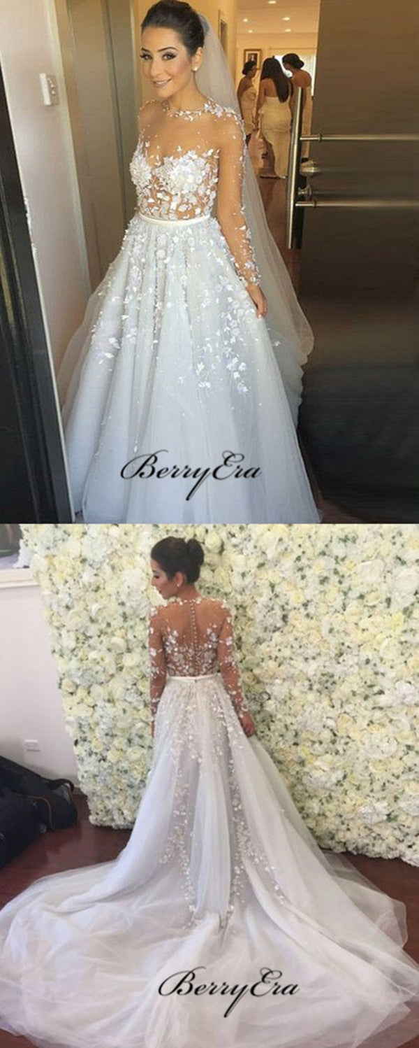 Long Sleeves Lace Wedding Dresses, Applique A-line Wedding Dresses