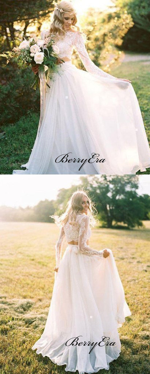 Two Pieces Lace Wedding Dresses, Long Sleeves Lace Wedding Dresses