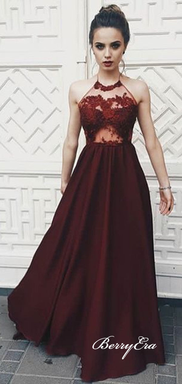 Halter Lace Prom Dresses, Long A-line Prom Dresses