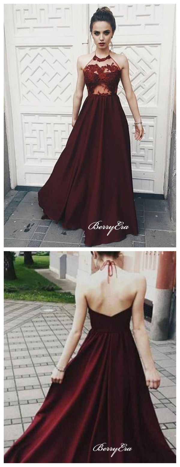 Halter Lace Prom Dresses, Long A-line Prom Dresses