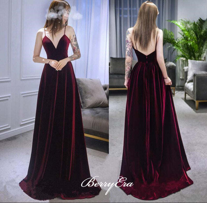 V-neck Velvet Strap Prom Dresses, Custom Design Long Prom Dresses