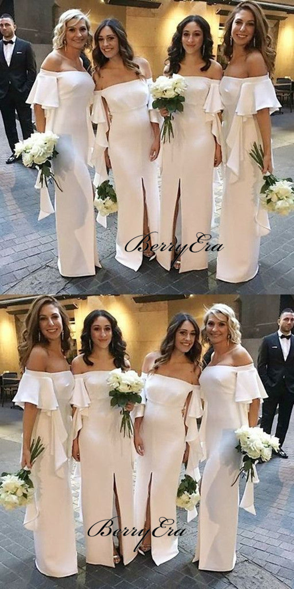 Off The Shoulder Ivory Bridesmaid Dresses, Slit Bridesmaid Dresses