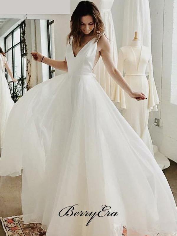 Simple A-line Wedding Dresses, V-neck Wedding Dresses, Cheap Wedding Dresses